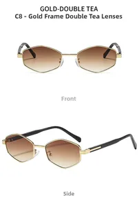 Front and side views of polygon sunglasses with gold metal frame and brown gradient lenses