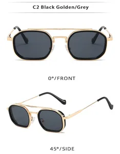 Detaillierte Vorder- und Seitenansicht der schwarz-goldenen sechseckigen Doppelsteg-Sonnenbrille