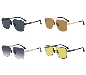 Detail view of square stainless steel aviator sunglasses in four color combinations
