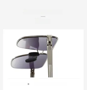 Detail of silver metal sunglasses temples with triple hollow lines and durable hinges