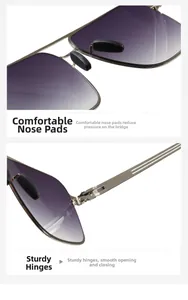 Detail of silver aviator sunglasses showing comfortable nose pads and sturdy hinges