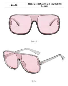 Front and side view of pilot sunglasses with transparent gray frames and pink lenses