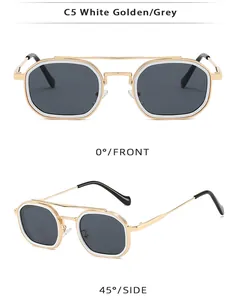 Detailansicht der Retro-Polygon-Sonnenbrille mit weiß-goldem Rahmen und grauen Gläsern