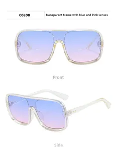 Front and side view of transparent oversized sunglasses with blue-pink gradient lenses