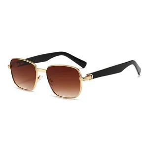 Retro square metal sunglasses with gold frame, gradient brown lenses and black wide temples