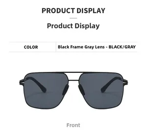 Front view of square double-bridge sunglasses with black metal frame and gray lenses
