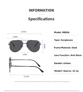 Detailed technical diagram showing exact dimensions of metal pilot aviator sunglasses