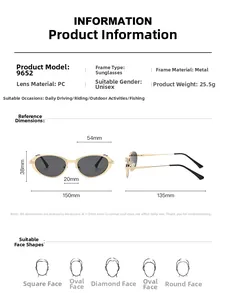 Spécifications techniques et dimensions détaillées pour lunettes de soleil en métal 9652
