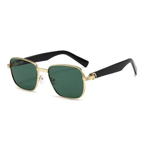 Men's retro square metal sunglasses with gold frame and dark lenses on white background