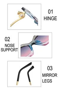 Detail of square sunglasses featuring golden panther head decor and gradient lenses