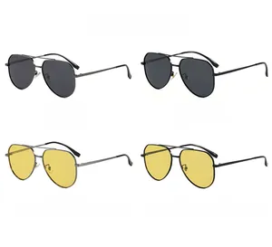 Detail of four retro pilot sunglasses styles with black and gunmetal frames and dual beams