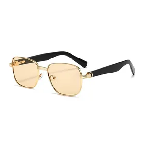 Retro square metal sunglasses with gold frame, yellow lenses and wide black temples