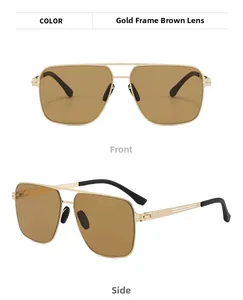 Detail view of gold double-bridge aviator sunglasses with brown lenses and hollow temples