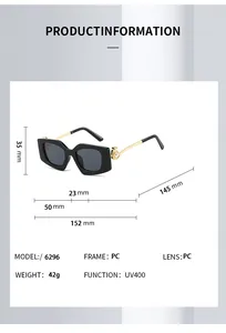 Detailed size chart of square frame sunglasses with pearl metal temples and UV400 protection