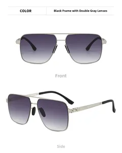 Detail view of silver double-bridge aviator sunglasses with gradient gray lenses