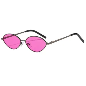 Retro oval sunglasses with dark grey metal frame and vibrant rose red lenses