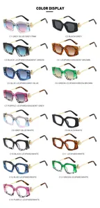 Detailed color display of square sunglasses with pearl accents and metal relief details