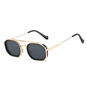 Retro Polygonal Doppelsteg Sonnenbrille UV400 Metallrahmen PC-Gläser Mode Unisex Brillen Für Damen Herren Outdoor Alltag