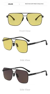 Detail of photochromic lenses changing from yellow to dark grey in black metal frame