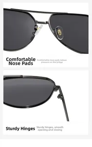 Detail of adjustable nose pads and reinforced metal hinges on aviator sunglasses