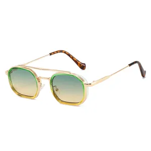 Retro Polygon Metall Sonnenbrille mit Doppelsteg und grünen Verlaufsgläsern