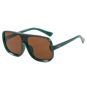 Green oversized square aviator sunglasses with brown lenses and gold dot details
