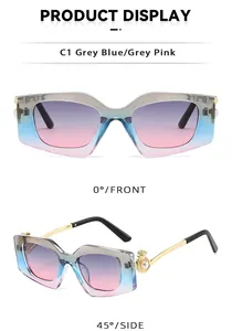Detail of square sunglasses with gradient lenses, gold metal temples and pearl accents