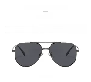 Front view of classic gunmetal pilot sunglasses with double bridge and gray lenses