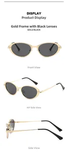 Vues détaillées des lunettes de soleil ovales en métal doré avec verres gris et plaquettes