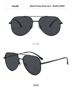Detailed front and side views of black metal frame aviator sunglasses with gray lenses