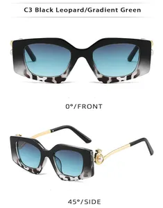 Front and 45-degree side views of square sunglasses with pearl hinge and leopard print