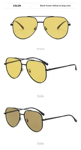 Detail of photochromic aviator sunglasses showing front and side view with metal frame