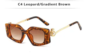 Detail of square leopard frame sunglasses with pearl dragon hinge and gold metal arms