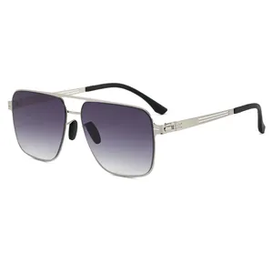 Silver square aviator sunglasses with double bridge and purple gradient lenses