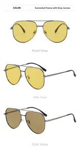 Detail of photochromic aviator sunglasses showing lens color change from yellow to grey