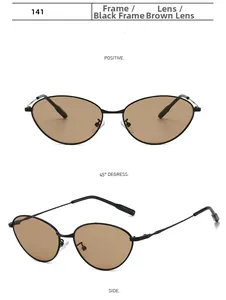 Vues détaillées de lunettes de soleil œil-de-chat ovales avec monture noire et verres bruns