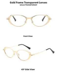 Vues de face et de profil à 45 degrés de lunettes œil-de-chat dorées à verres clairs