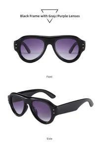 Frontal- und Seitenansicht der schwarzen Sonnenbrille mit Nieten und lila Verlaufsgläsern