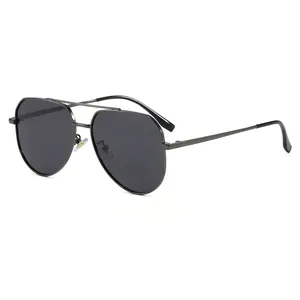 Gunmetal aviator sunglasses with double bridge metal frame and dark polarized lenses