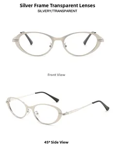 Vues détaillées de face et de côté de lunettes œil-de-chat argentées avec verres clairs