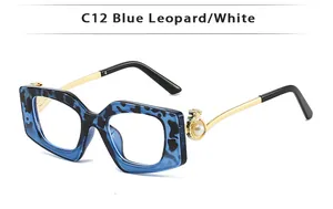 Detail of square blue leopard frame sunglasses with gold metal temple and pearl accent