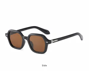 Seitenansicht der Retro-Sonnenbrille mit schwarzem Rahmen, Teeglas und Silbernieten
