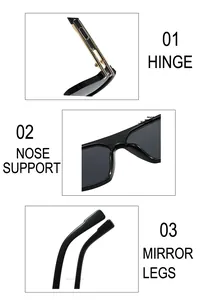 Detailed view of durable metal hinges and integrated nose pads on square sunglasses