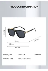 Detailed dimensions of retro square pilot sunglasses with double-bridge PC frame