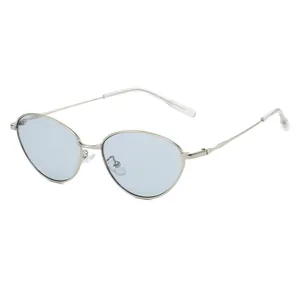 Lunettes de soleil ovales rétro avec monture fine en métal argenté et verres bleus