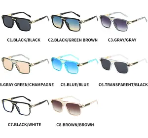 Detailed grid of fashion square sunglasses in eight colors with metallic temple accents