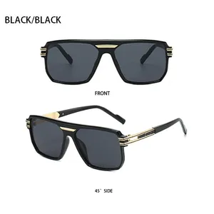 Front and 45-degree side views of square pilot sunglasses with gold triple bar details