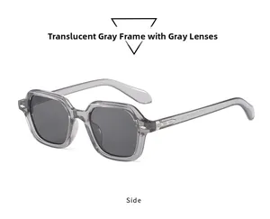 Detaillierte Seitenansicht der rechteckigen Sonnenbrille mit grauem Rahmen und Silberakzent