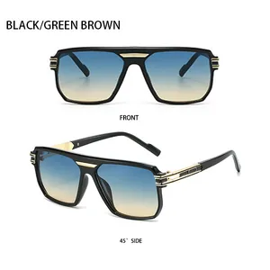 Front and 45-degree side views of black square sunglasses with blue-yellow gradient lenses