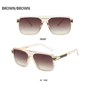 Detail view of retro square brown gradient sunglasses with golden metal hinges and frame